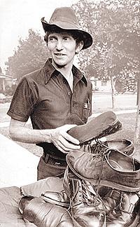 David Kunst wore almost two dozen pairs of shoes during his four-year walk around the world, two of which, above, will be on display at the Minnesota History Center. On July 23, 1974, right, he was preparing for the final leg of his journey — a brother’s house in Santa Ana, Calif., to hometown Waseca, Minn. — by checking his shoe supply.

